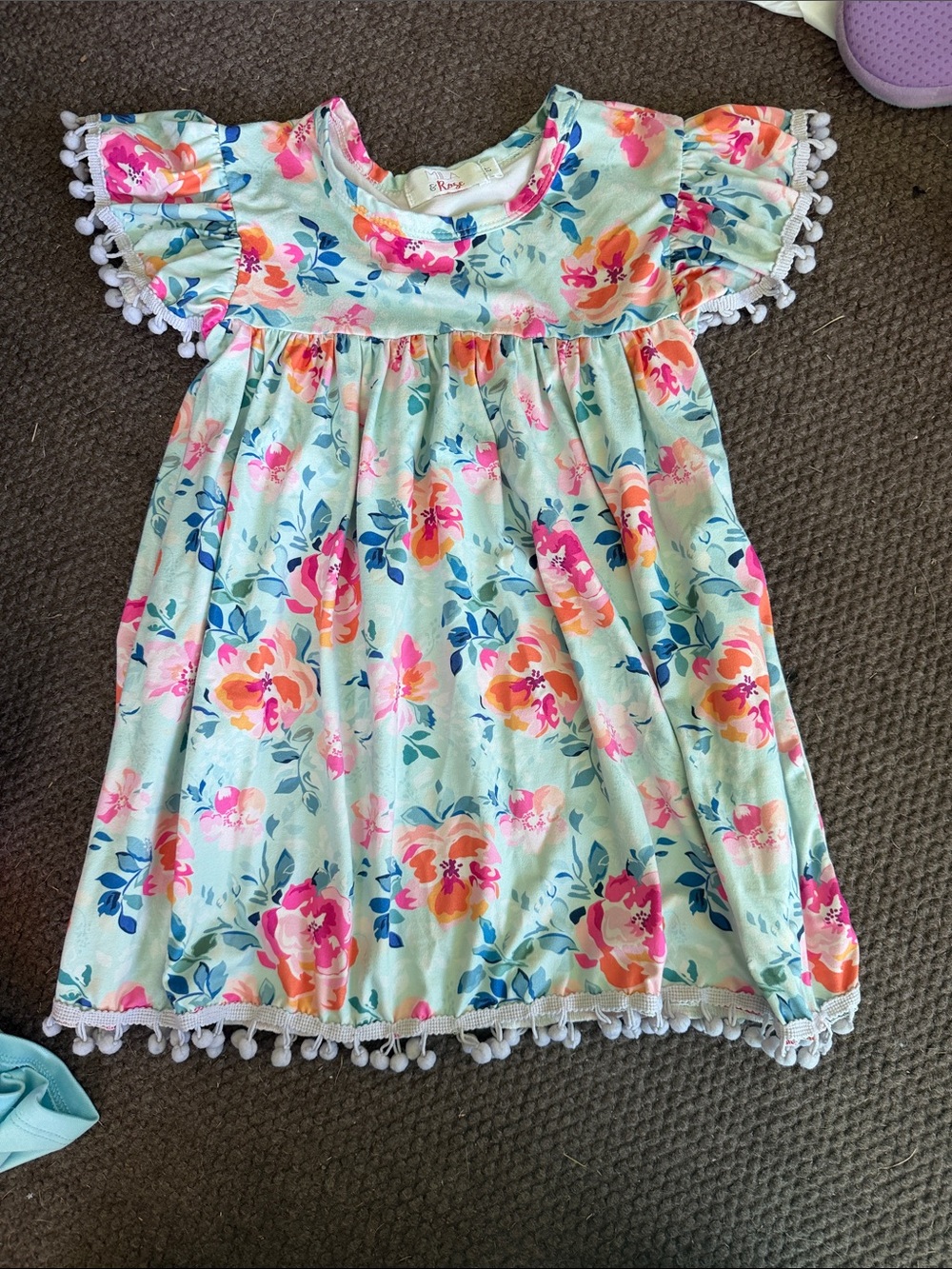 Girls Floral Pom-Pom Trim Dress in Mint and Pink